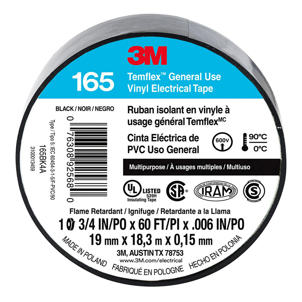 20 ROLLS. 3M TEMFLEX 165 ELECTRICAL TAPE BLACK 3/4